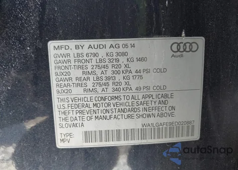 2014 Audi Q7 3.0T Premium from USA, damaged, VIN WA1LGAFE9ED020887